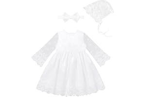 IDOPIP Baby Girl Christening Baptism Dress Lace Flower Girl Wedding Dresses with Headband Bonnet Newborn Birthday Gown Outfit