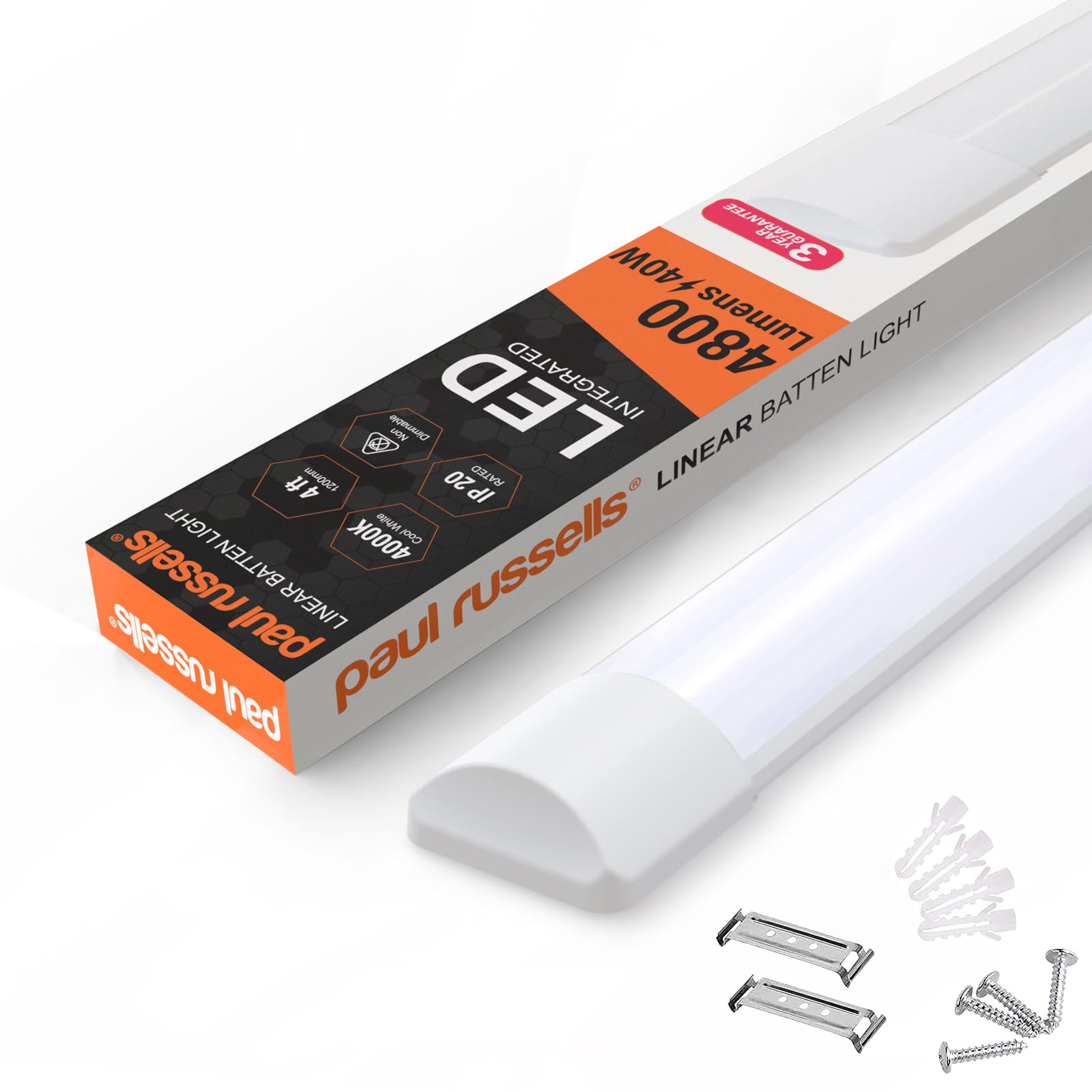 paul russells 4ft LED Batten Light, LED Tube Light 40W 4800lm, Ceiling Lighting Cool White 4000K, LED Garage Lighting, Office Ceiling Lights, Workshop & Shed Light, Fluorescent Replacement - 1 Pack