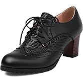 SHEMEE Women's Chunky High Heels Wingtip Oxfords Round Toe Lace Up Stacked Block Heel Vintage Brogues Pumps Shoes