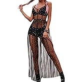 Women See Through Cover Up Straps Sleeveless Strappy Glitter Sheer Mesh Beach Split Dresses Swimwear Bikini Cover Ups