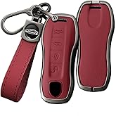 HIBEYO 4 Button Smart Key Fob Cover Compatible with Porsche 911 Cayenne Macan Panamera Taycan Key Holder Key Leather & Alloy Accessories with Keychains-4 Button Red