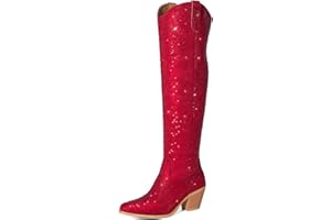 Rollda Rhinestone Cowboy Boots Sparkly Over the Knee Cowgirl Boots Pointed Toe Knee High Boots with Chunky Heel Thigh High Boots