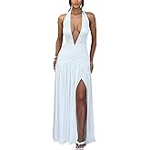 Ekaliy Women's Sexy Halter Deep V Neck Maxi Dress Sleeveless Backless High Slit Ruched Long Dress Summer Party Cocktail Dress
