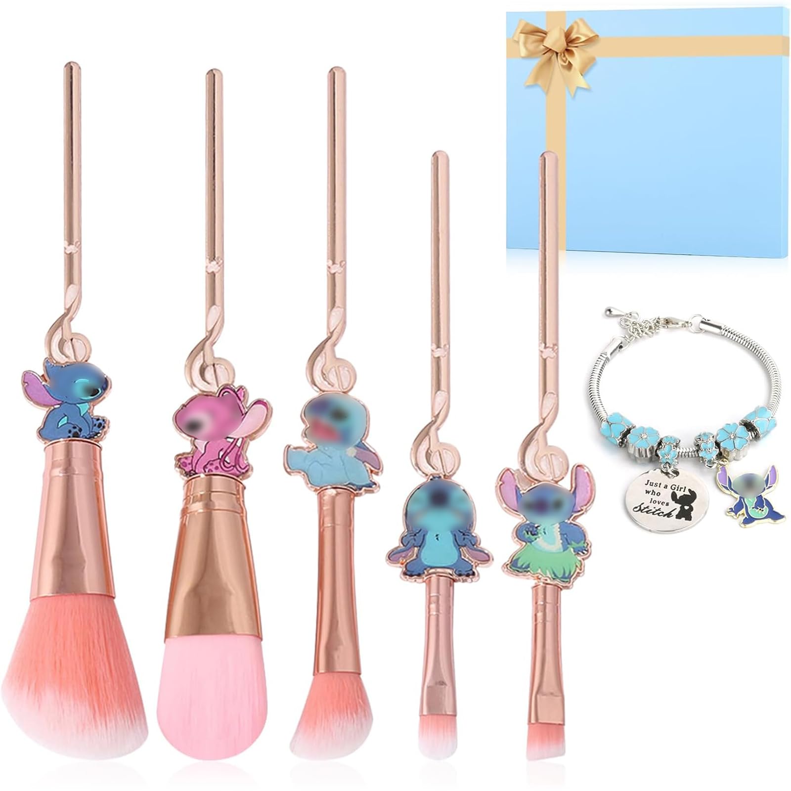 [6 Pcs] Stich Makeup Brush Set & Stich Bracelet, Stich Gifts, Portable Kawaii Makeup Brushes for Powder Eyeshadow Blushes Lips, Adjustable Bracelet Stich Gifts for Girl Women