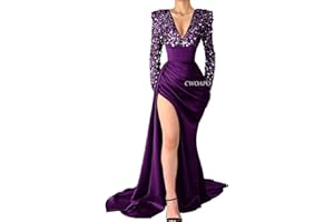 CWOAPO V Neck Sequin Mermaid Prom Dresses for Women Silk Satin Long Sleeve Evening Gown with Slit Formal Wedding Party Dresses
