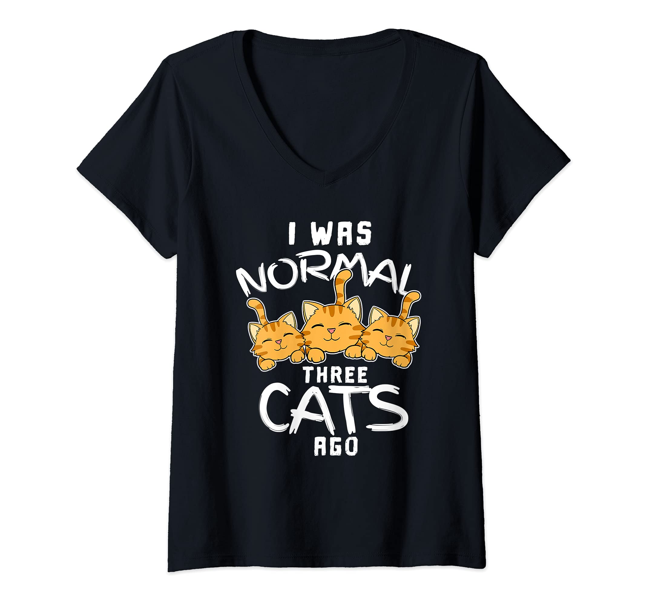 Womens Funny I Was Normal Three Cats Ago Snugly Kitten Tabby Kitty V-Neck T-Shirt