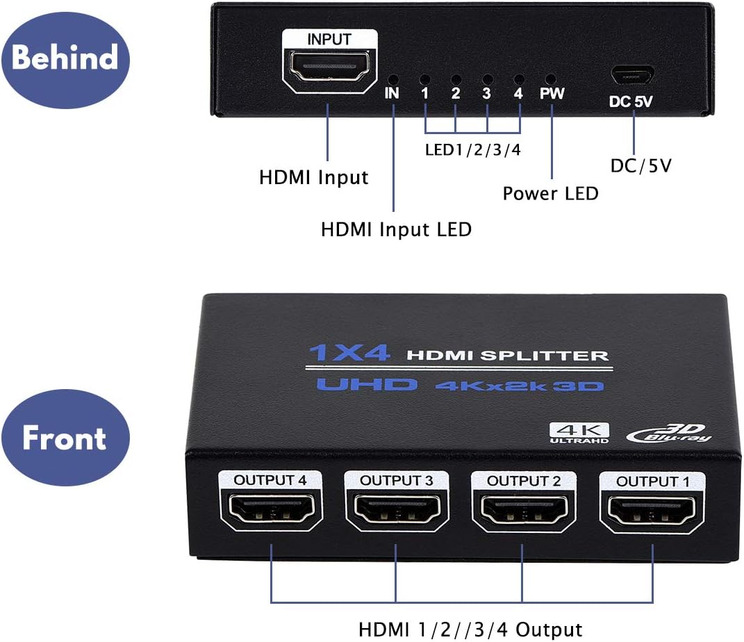 1x4 HDMI Splitter, 1 in 4 Out HDMI Splitter Audio Video Distributor Box Support 3D & 4K x 2K Compatible for HDTV, STB, DVD, PS3, Projector Etc: Home Audio & Theater