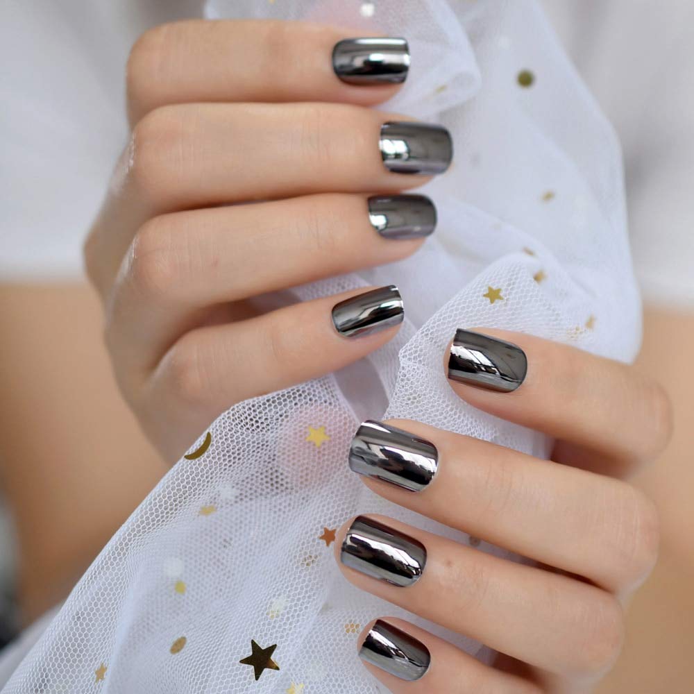 Coolnail Dark Smoky Gray Reflective Mirror Metal Plating False French Acrylic Nail Tips Punk Metallic Square Fake Nails With Glue Sticker - Image 5