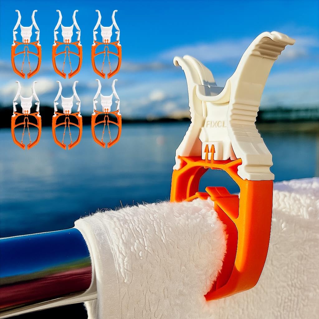 FIXCLIP 6-Pack (Orange) Award Winning Storm Proof & Lockable Clothespin. Versatile use for Boat, Camping, Beach chair, Stroller.