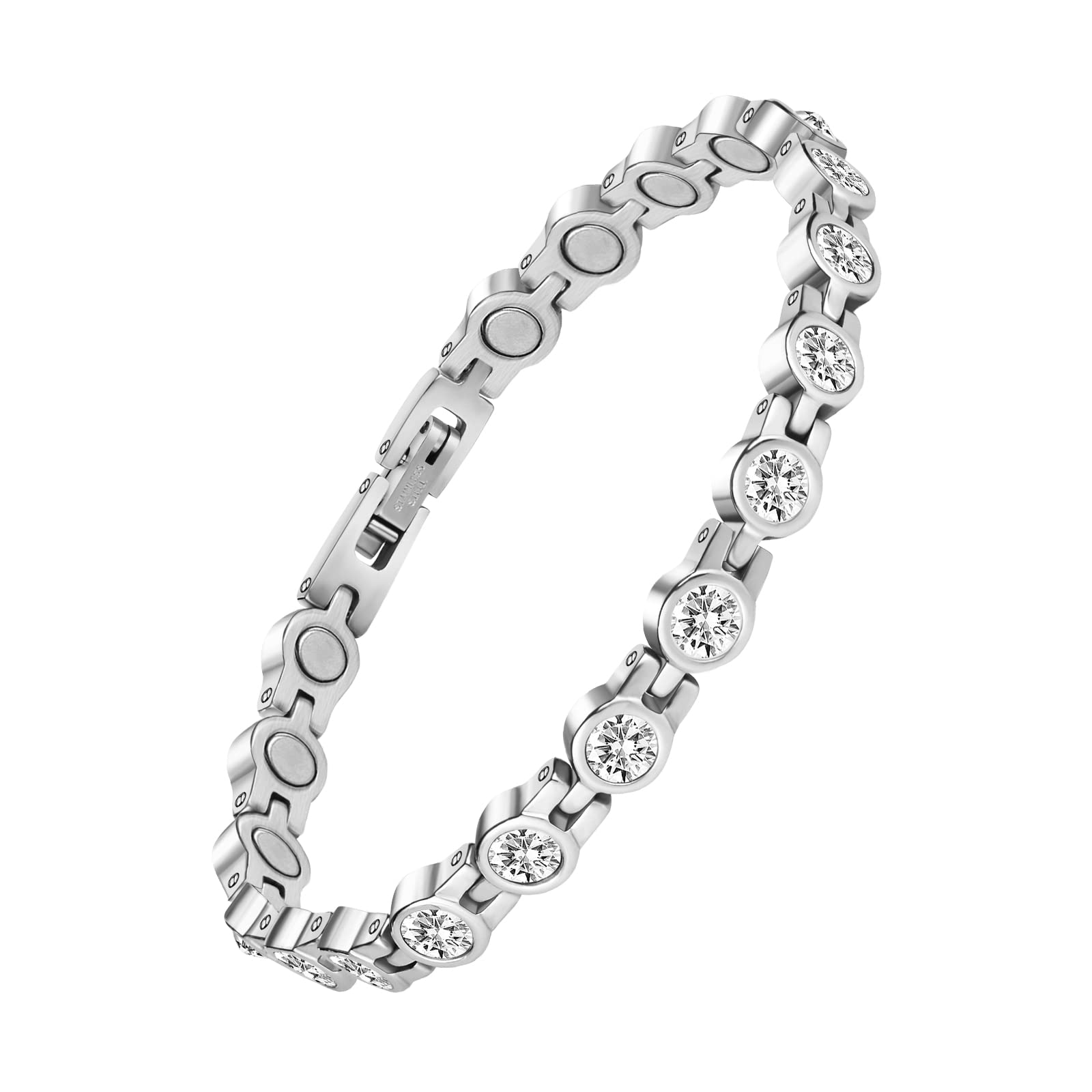 JEROOT Women’s Magnetic Bracelet, White Crystals Bracelet Womens Reiki Stone Adjustable Length with Sizing Tool Silver Stainless Steel Bracelet(3500 Gauss)
