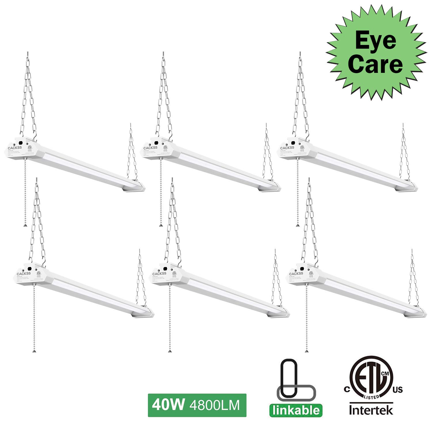 Linkable LED Garage Shop Light, 40W 4800LM workbench light, Pull Chain LED Utility Light, Hang 4FT led Ceiling fixture with 5000K Super Bright light, for Workshops Basement Storage, ETL Listed, Pack 6