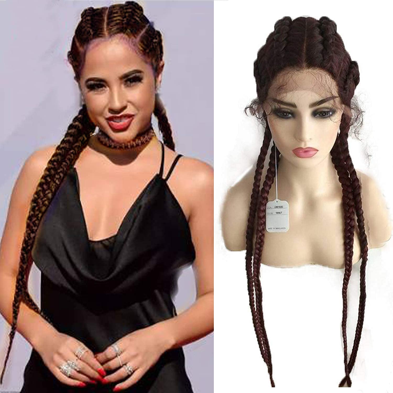 Brown Box Braid Lace Front Wig Mix Brown Cornrow 4 Twist Braided Hair Wig with Baby Hair Braiding Heat Resistant Fiber 4 Braided synthetic Daily Wear Wigs for Women 30 Inches