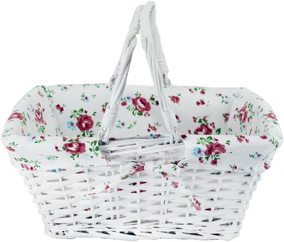 Wicker White Storage Gift Basket Willow Woven Picnic Basket with Double Folding Handles,Kingwillow. (White)