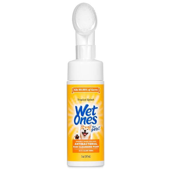 WET ONES FOR PETS ANTIBACTERIAL PAW CLEANER WITH BUILT-IN SCRUBBER BRUSH – FOAMING CLEANSER FOR DOG PAWS – WASHER & GROOMING CARE – CLEANING SUPPLIES – TROPICAL SPLASH SCENT 5 OZ