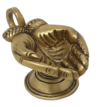 Branvir Hand Shape Diya with Handle Brass Metal Oil Wick Lamp for Aarti Puja