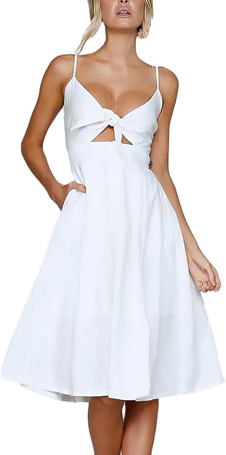 Sommerkleid Damen Knielang Luftig - V-Ausschnitt Mit Rüschen & A-Linie