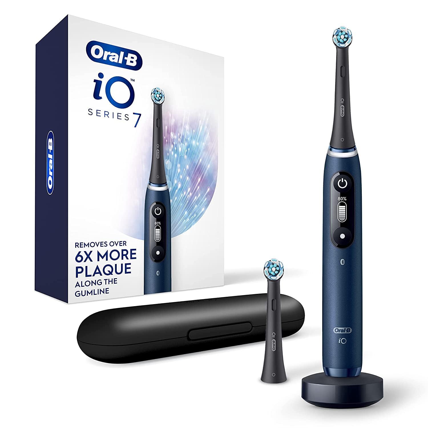 Oral-B iO Series 7G Rechargeable Electric Toothbrush with Visible Pressure Sensor to Protect Gums, 2 Min Timer, 5 Cleaning Settings, 2 Replacement Toothbrush Heads, and Travel Case, Blue