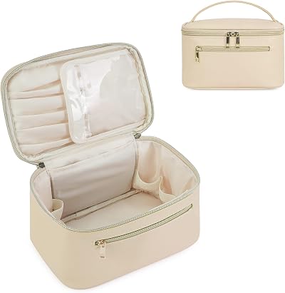 Wandering Nature Travel Makeup Bag with Brush Compartment Beige PU Leather