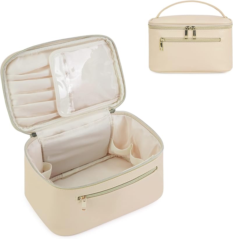 Wandering Nature Travel Makeup Bag with Brush Compartment Beige PU Leather