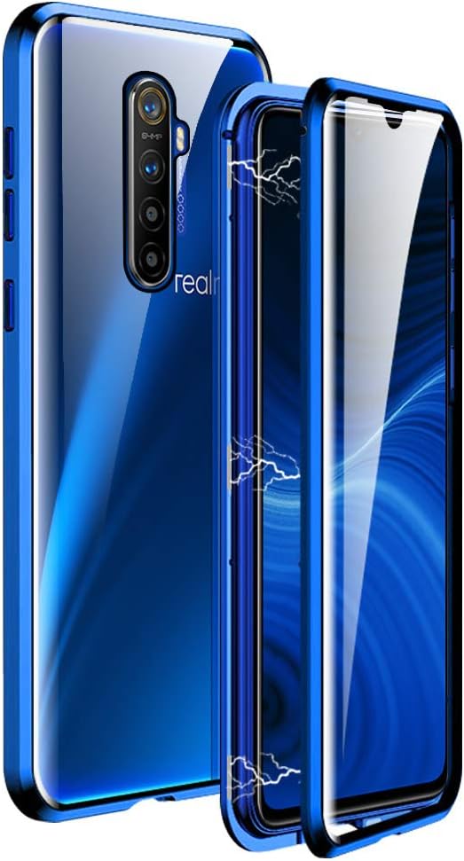 IGUCAC Case for Realme X2 Pro/Oppo Reno Ace Case,2 in 1 Magnetic Adsorption Cover with Front/Back Tempered Glass and Anti-Scratch Metal Protection for Realme X2 Pro,Blue