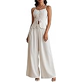 winkbay Women's 2 Piece Casual Summer Outfits Tie Front Peplum V Neck Cami Top and Wide Leg Pants Set