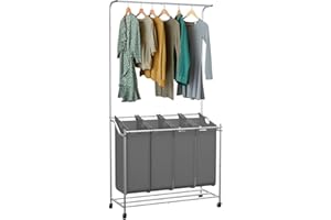 HIDODO Laundry Sorter 4 Sections, Rolling Laundry Sorter Cart with Hanging Bar, Laundry Organizer Hampers for Laundry Room (Dark Grey)