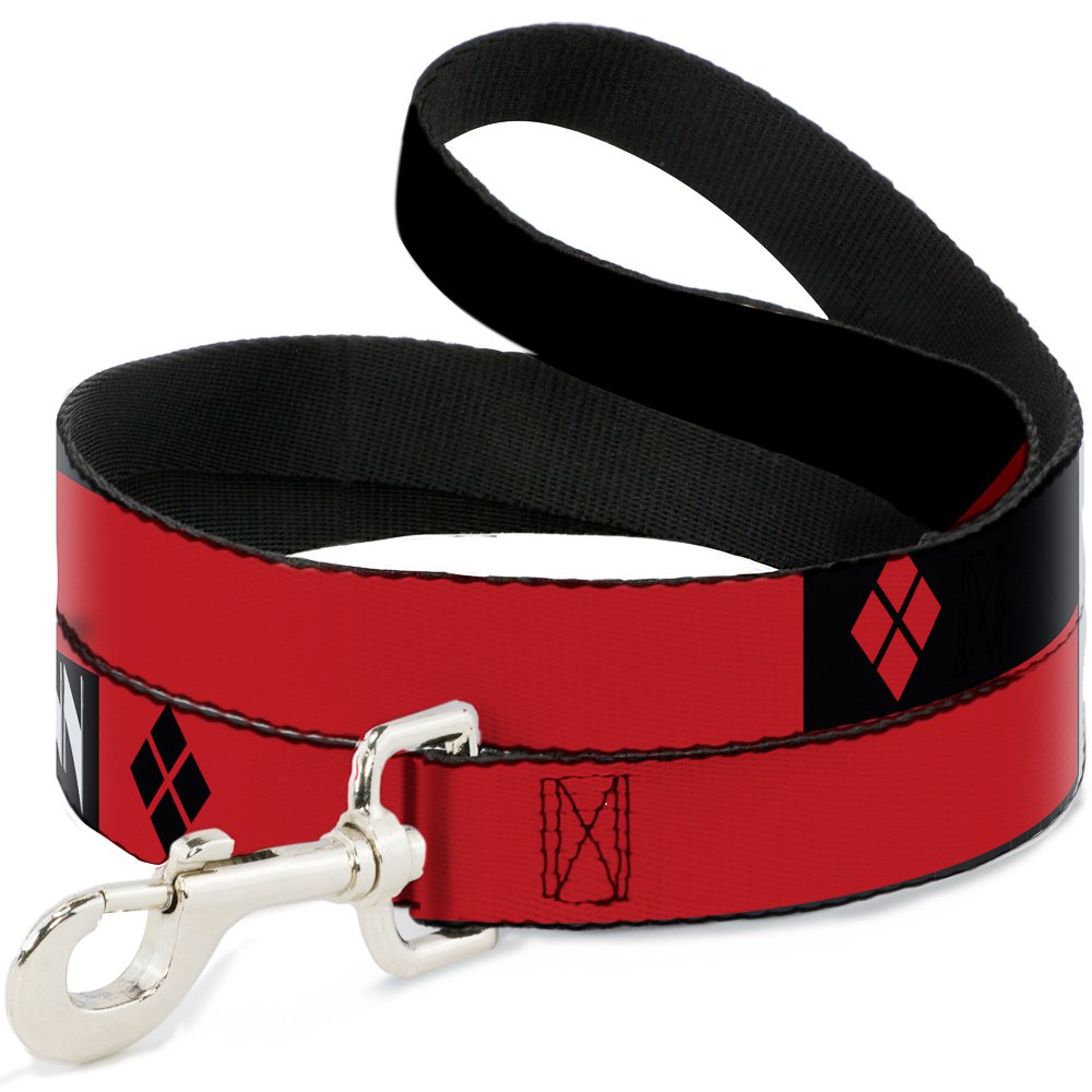 DC Comics Pet Leash, Dog Leash, Harley Quinn Diamonds Black Red White, 4 Feet Long 1.0 Inch Wide