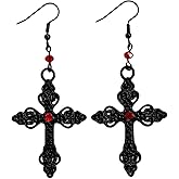 Gothic Cross Earrings Vintage Red Black Crystal Earrings Statement Hollow Out Chain Tasell Dangle Earrings Dark Style Halloween Costume Jewelry for Women