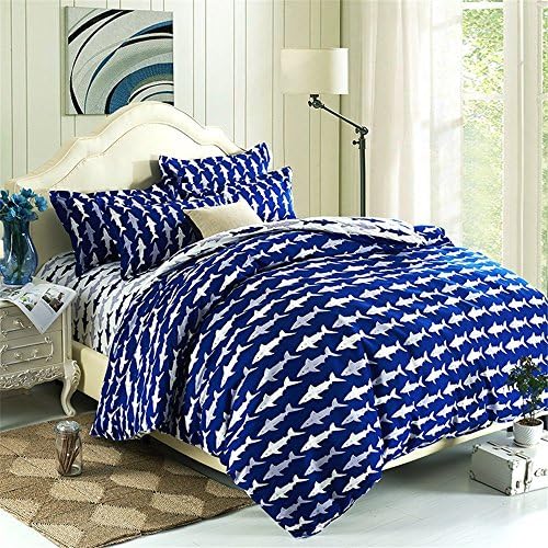 Hxiang Blue 3pcs Ocean Shark Design Kids Duvet Cover Sets,Queen Twin Size Shark Children Bedspreads,Cotton &amp; microfibe (Blue, Full/Queen)