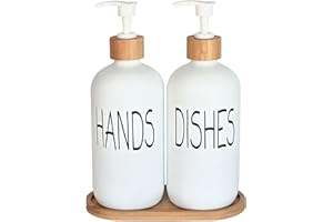 DIDROOM Glass Soap Dispenser Set - Hand Soap and Dish Soap Dispenser with Bamboo Tray. Vintage Soap Dispenser with Pump for Kitchen Sink and Bathroom. Stylish Permanent Labels (Matte White)