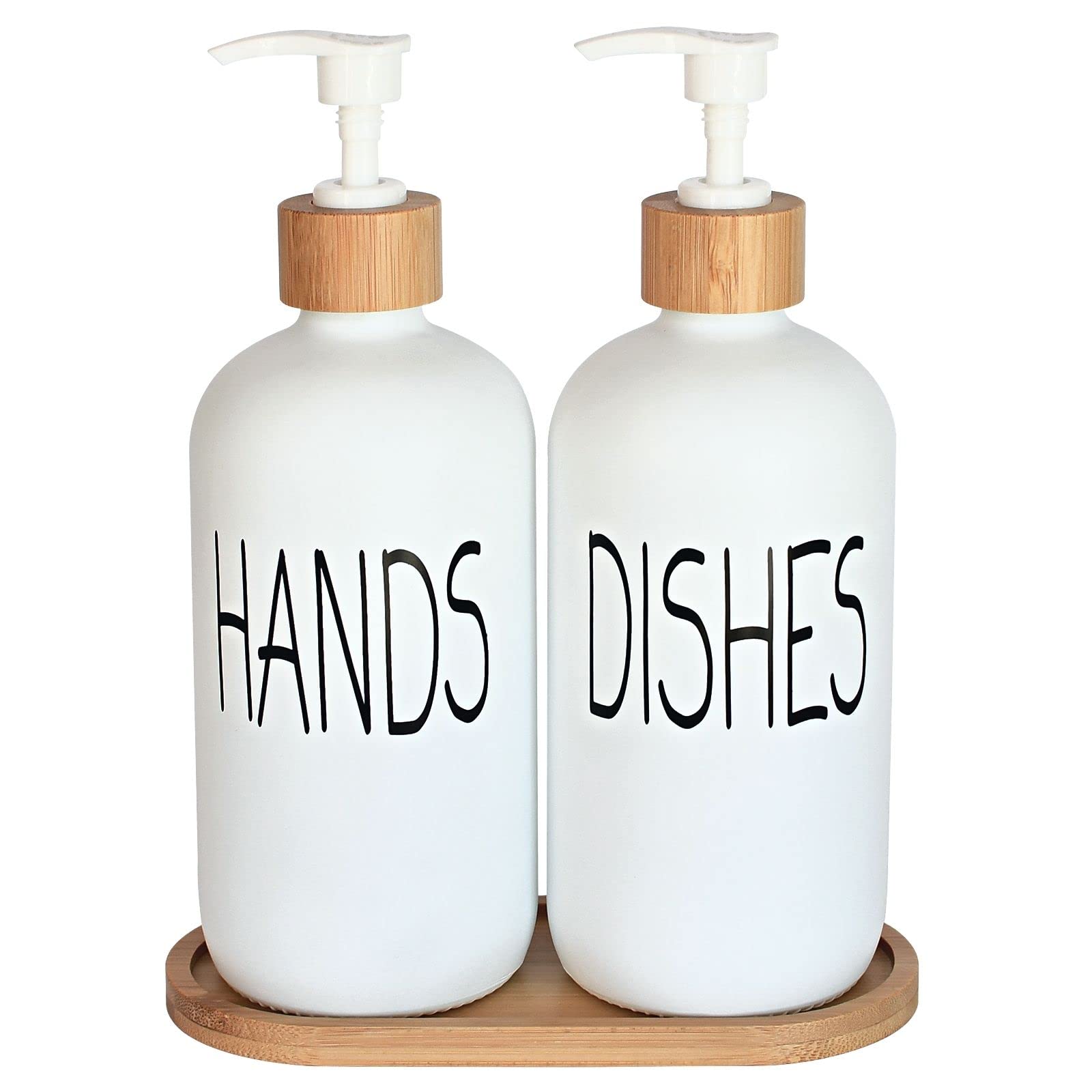 Photo 1 of ***ONLY 1*** Glass Soap Dispenser Set - Hand Soap and Dish Soap Dispenser with Bamboo Tray. Vintage Soap Dispenser with Pump for KitchenKitchen Drain Outlet and Bathroom. Stylish Permanent Labels (Matte White)