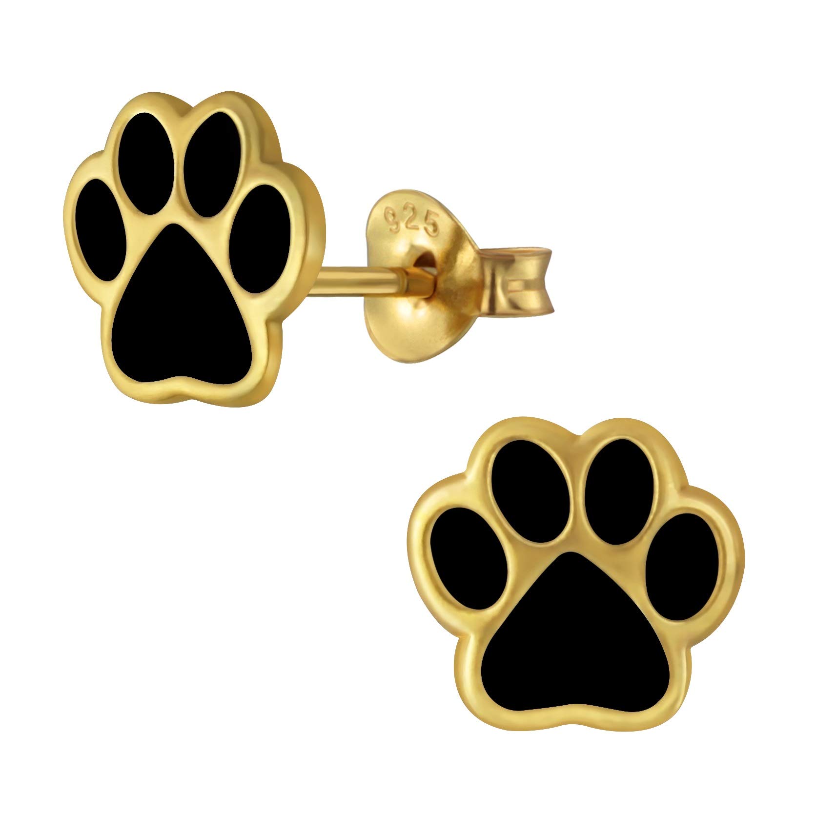 Black Animal Paw Print Earrings 925 Sterling Silver with Gold Plating