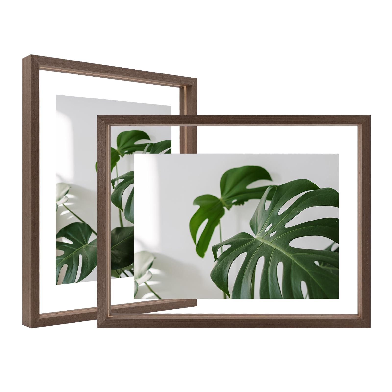 Photo 1 of Egofine 8.5x11 Floating Frames Set of 2, Double Plexiglass Picture Frame, Made of Solid Wood Display Any Size Photo up to 8.5x11, Wall Mount or Tabletop Standing, Brown