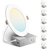 Amico 6 Pack 6 Inch 5CCT Ultra-Thin LED Recessed Ceiling Light with Metal Junction Box, 2700K-5000K Selectable, 12W Eqv 110W, Dimmable Canless Wafer Downlight with Plastic Trim, 1050 Lumens -ETL&FCC