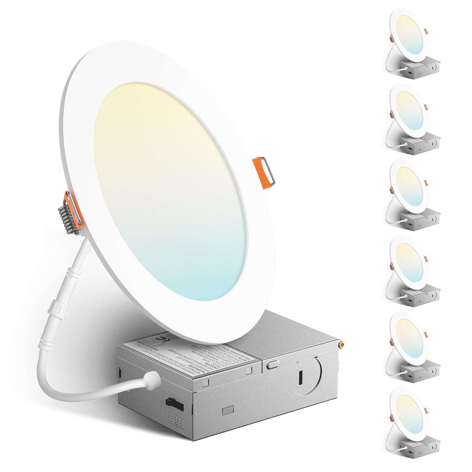 Photo 1 of Amico 6 Pack 6 Inch 5CCT Ultra-Thin LED Recessed Ceiling Light with Metal Junction Box, 2700K-5000K Selectable, 12W Eqv 110W, Dimmable Canless Wafer Downlight with Plastic Trim, 1050 Lumens -ETL&FCC
