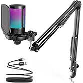 FIFINE Gaming PC USB Microphone, Podcast Condenser Mic with Boom Arm, Pop Filter, Mute Button for Streaming, Twitch, Online C