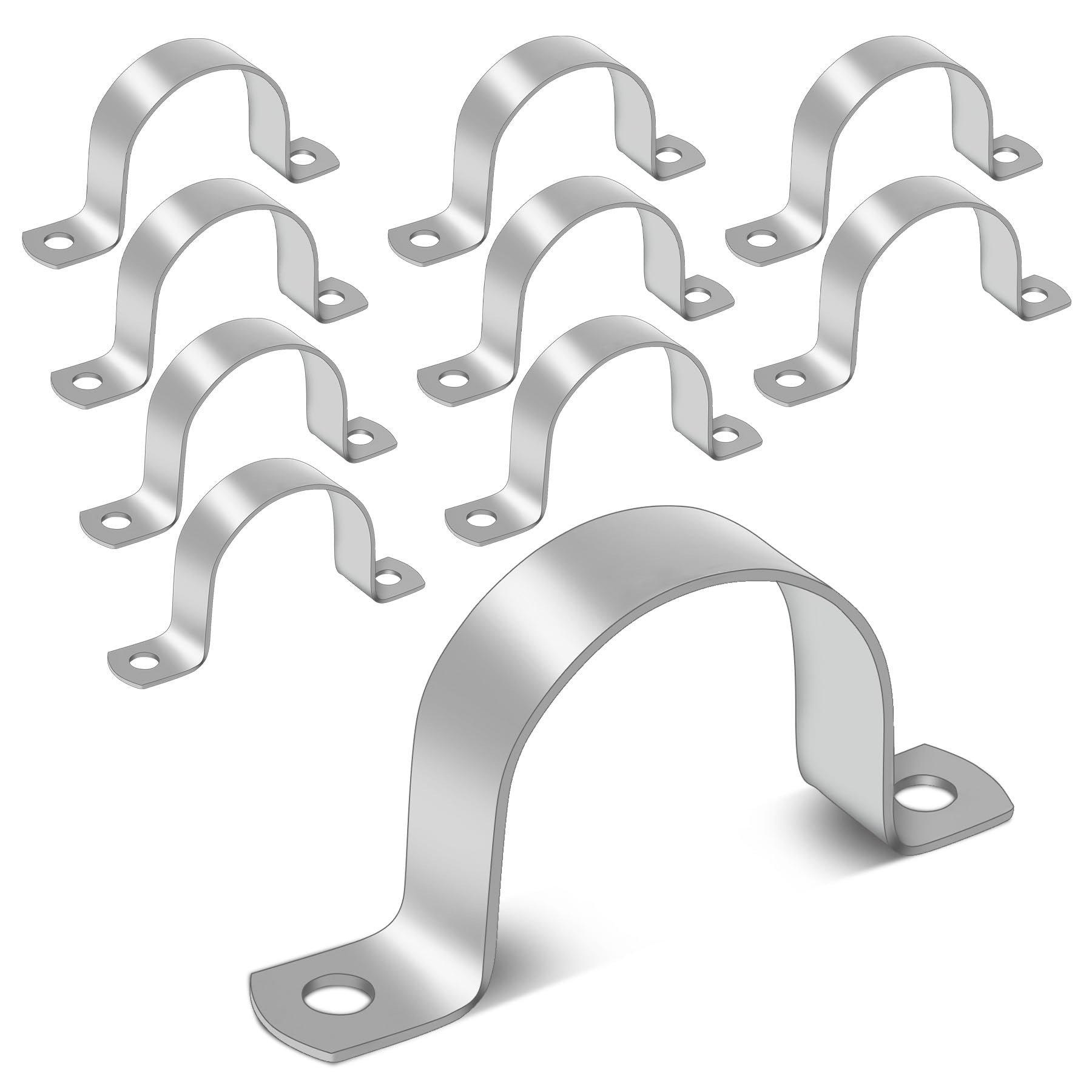 Stainless Steel Pipe Strap Clamp - U Shaped Bracket with 2 Holes, 50mm for Hose Clips, Conduit Clamps & Mounting Brackets - Heavy Duty Metal Clips - 10 Pack