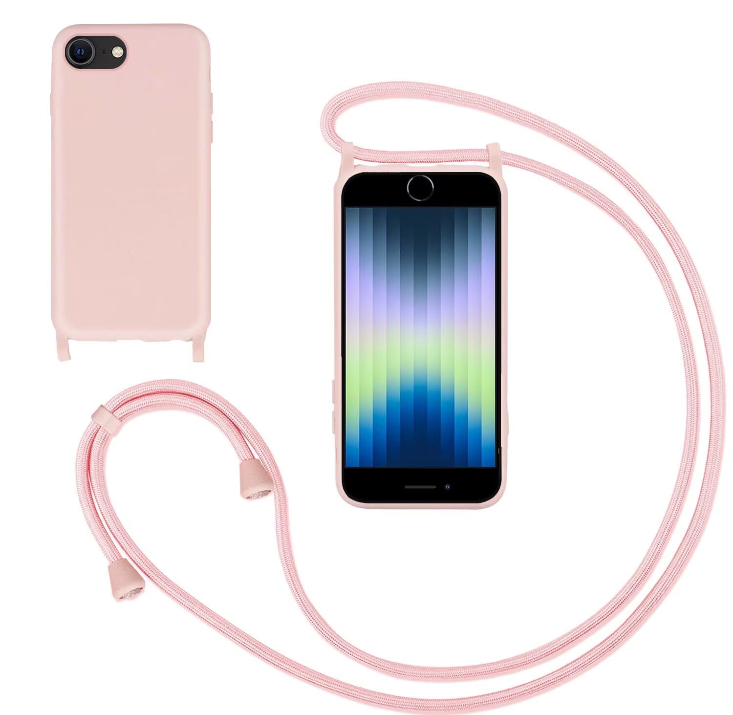 GoodcAcy Crossbody Lanyard Case for iPhone 7/8 & SE 2020, Liquid Silicone Protective Phone Case with Adjustable Neck Cord Necklace, Pink