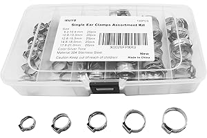IEUYO 304 Stainless Steel Single Ear Hose Clamps Assortment Kit, PEX cinch clamps,PEX ring,Stepless Clamps, 9.2 to 21.0mm,5Sizes/100PCS