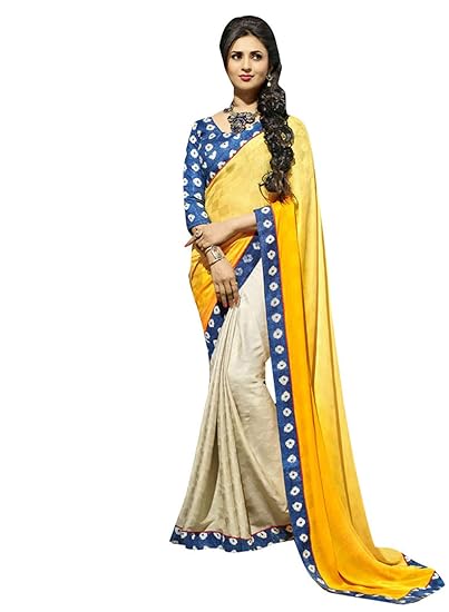 Womens Georgette Bandhani Border Work Saree (DVK-7113, Yellow, Blue)