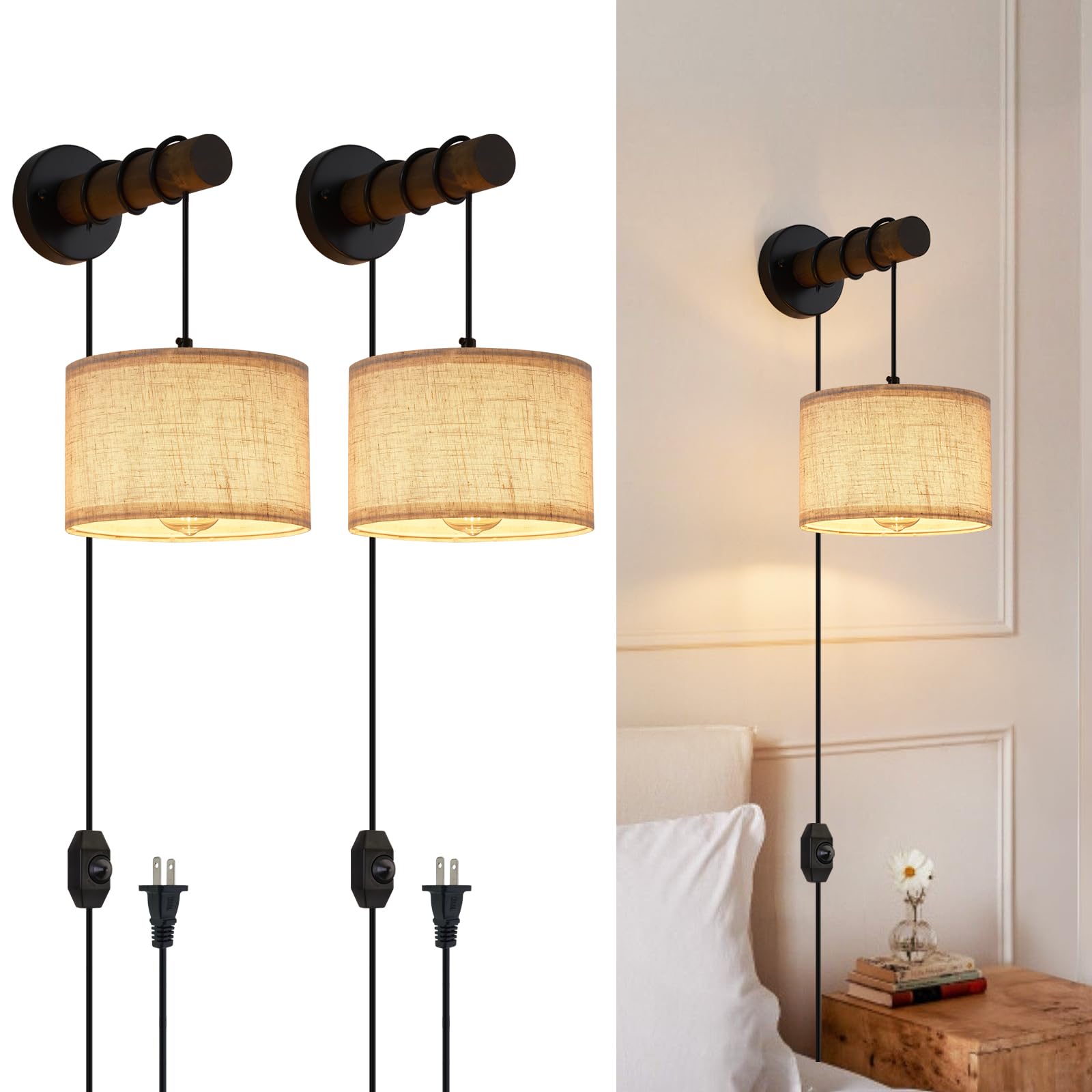 Photo 1 of XSDeTu Plug in Wall Sconces Set of 2, Farmhouse Wall Lamp with 5.9FT Plug in Cord, Dimmable Hanging Wall Lighting with Fabric Shade, Adjustable Wall Mount Lights for Bedroom Living Room, Wooden Arm