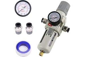 RIH 3/8"NPT Air Filter Pressure Regulator Combo Piggyback, 5 Micron Brass Element, Poly Bowl, Semi-Auto Drain, Metal Bracket, 0-150 psi Gauge Air Tool Compressor Filter with Gauge (3/8"NPT)