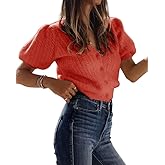 Bianstore Women's Puff Short Sleeve Sweater Casual V Neck Cardigan Tops Ribbed Knit Button Down Shirts(RustOrange-S)