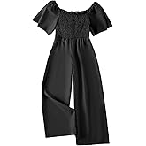 WDIRARA Girl's Off Shoulder Shirred Frill Trim Short Sleeve Wide Leg Solid Jumpsuits
