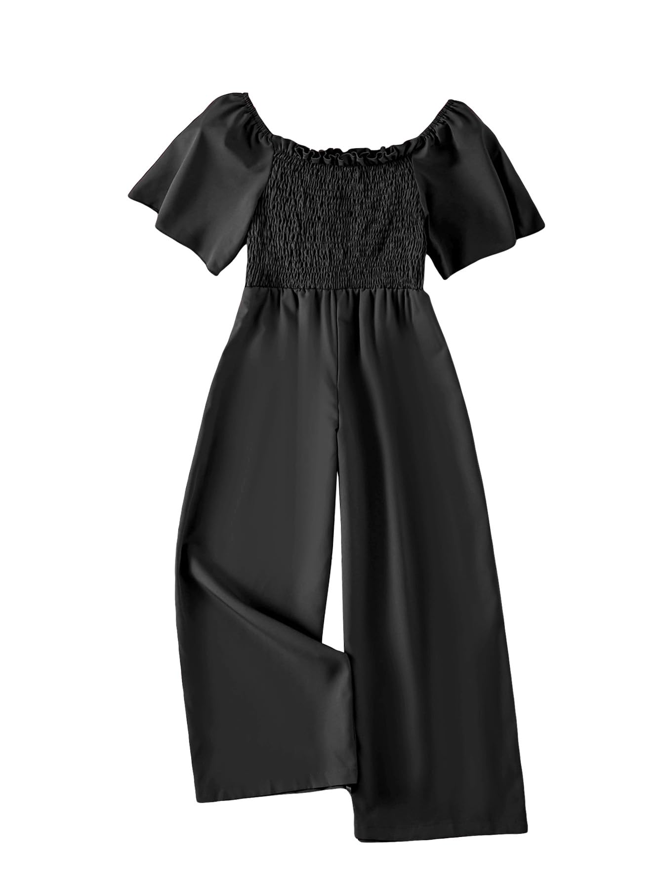 Photo 1 of **STAINED**WDIRARA Girl's Off Shoulder Shirred Frill Trim Short Sleeve Wide Leg Solid Jumpsuits Black 11-12Y
