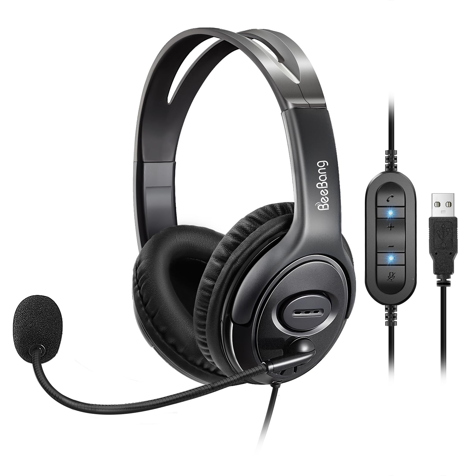 Beebang USB Headset with Microphone for PC Laptop, Wired Computer Headset with Noise Canceling Mic for Office Call Center Home Work Microsoft Teams, Conference Call, Voice Recognition, Dictation