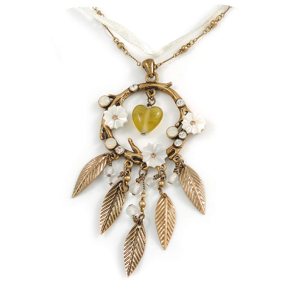 Avalaya Vintage Inspired Mother of Pearl, Crystal, Glass Bead Floral Pendant On Silk Ribbon & Gold Tone Chain Necklace - 40cm Length/ 5cm Extender