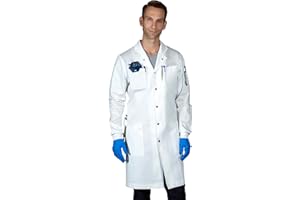 GENIUS LAB GEAR The Lab Coat Project - 100% Cotton Chemistry Men's 6-Pocket Long, Fitted with Snaps, Cuffed Sleeves, Howie Collar, & Belt