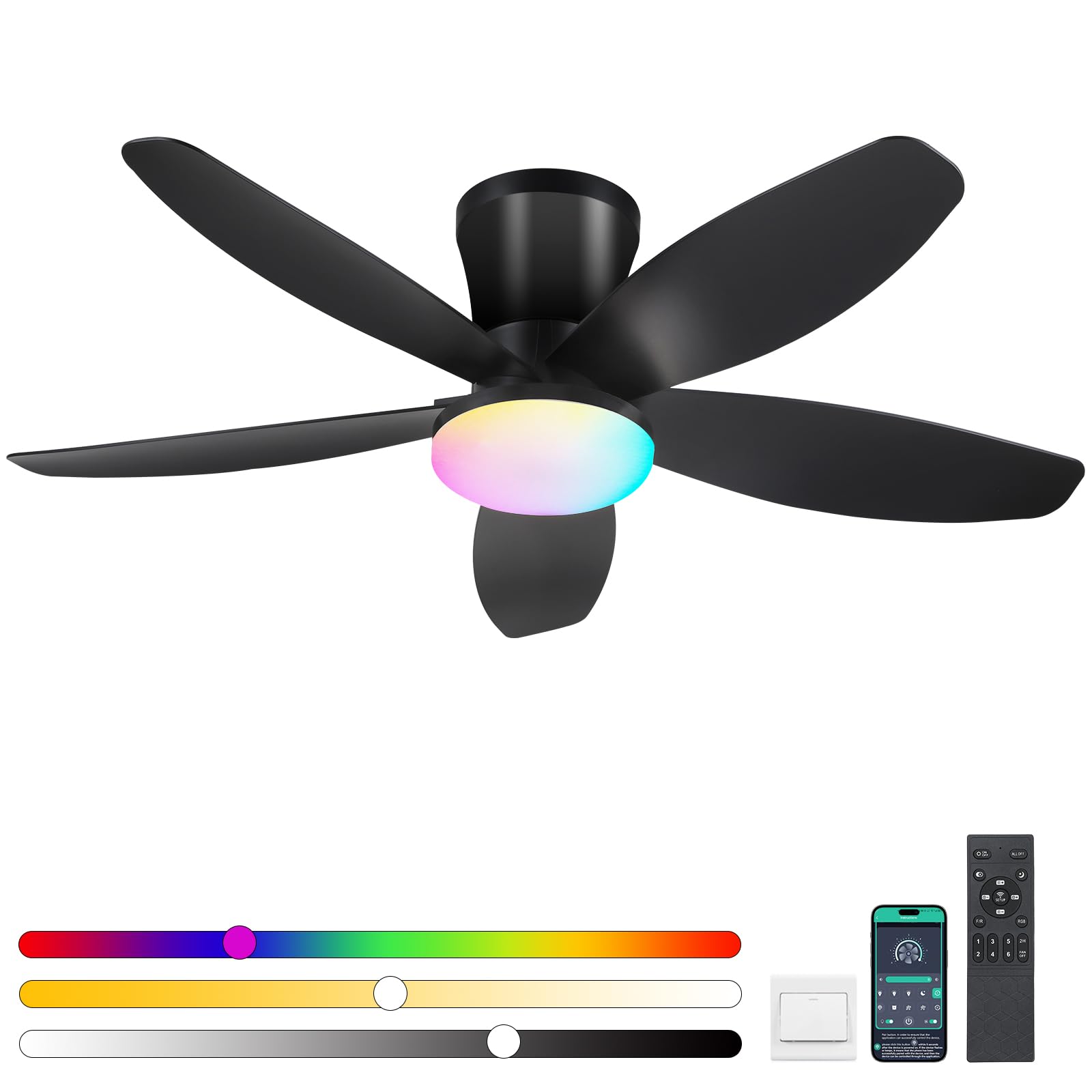 Photo 1 of Surtime Flush Mount RGB Ceiling Fans with Lights-36 Low Profile Ceiling Fan with Light and Remote/APP Control,DC Reversible,LED Dimmable Blakc Ceiling Fans for Bedroom,Indoor/Outdoor Patio Use