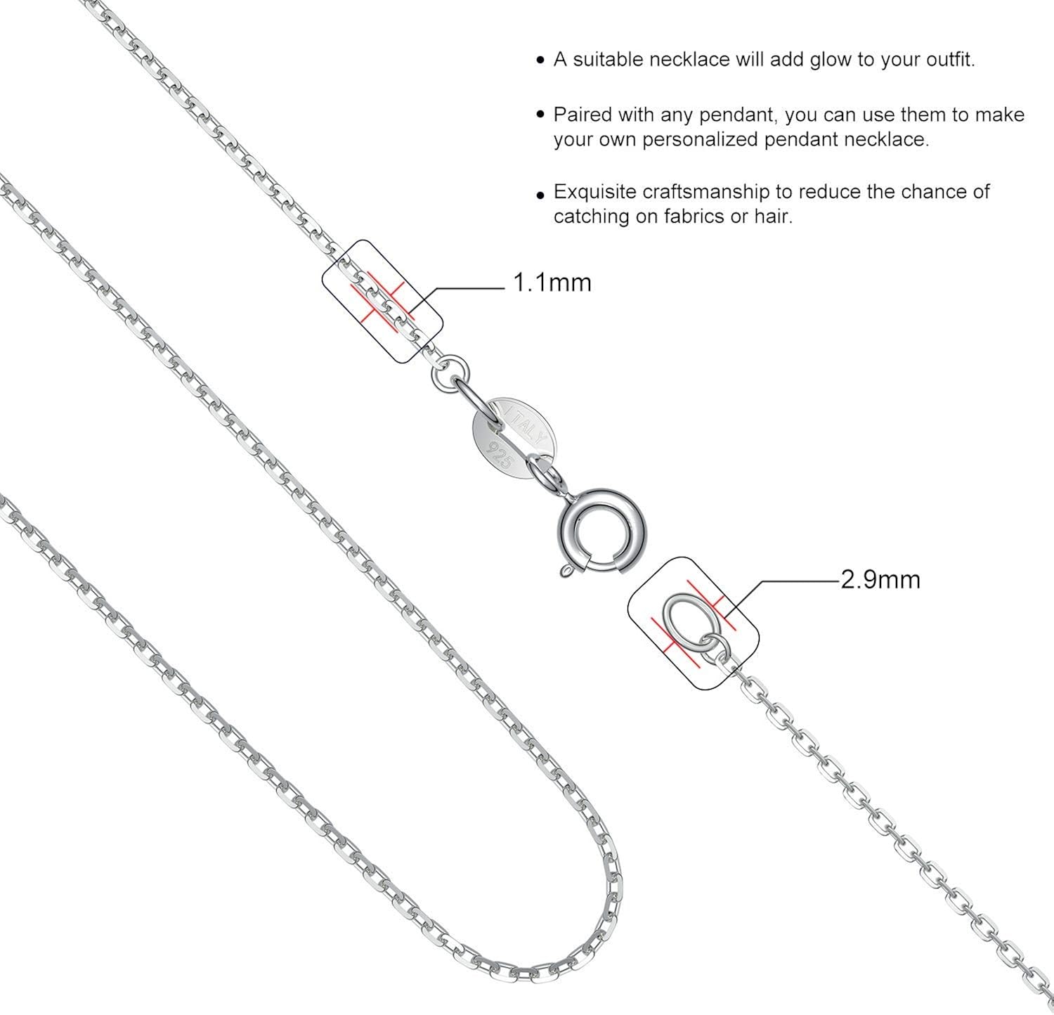 Jewlpire 925 Sterling Silver Chain Necklace Chain for Women Girls 1.1mm Cable Chain Necklace Upgraded Spring-Ring Clasp - Thin & Sturdy - Italian Quality 18 Inch: Jewelry
